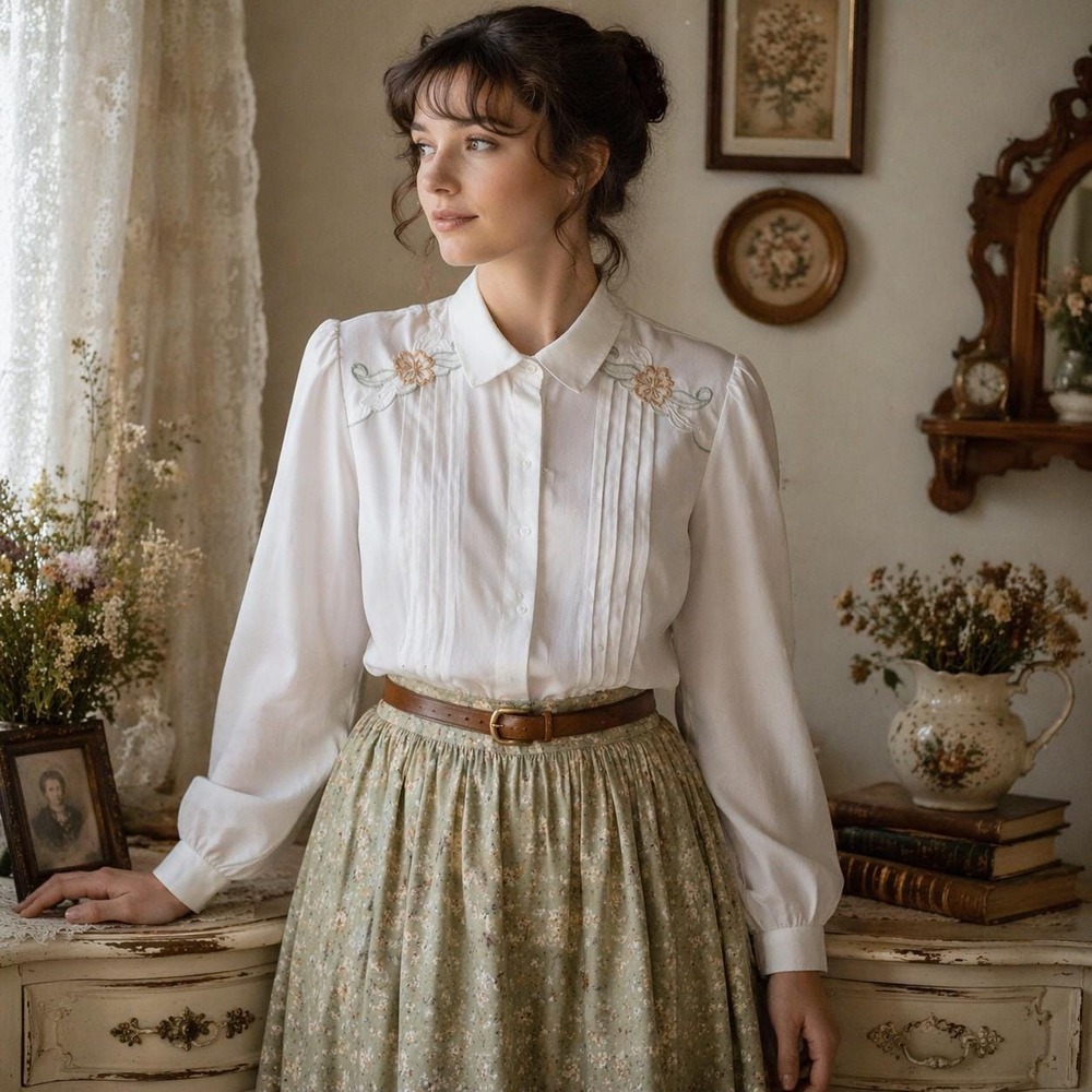 M Victorian Blouse‎ embroidered floral accents 70s long sleeve top, Size Medium